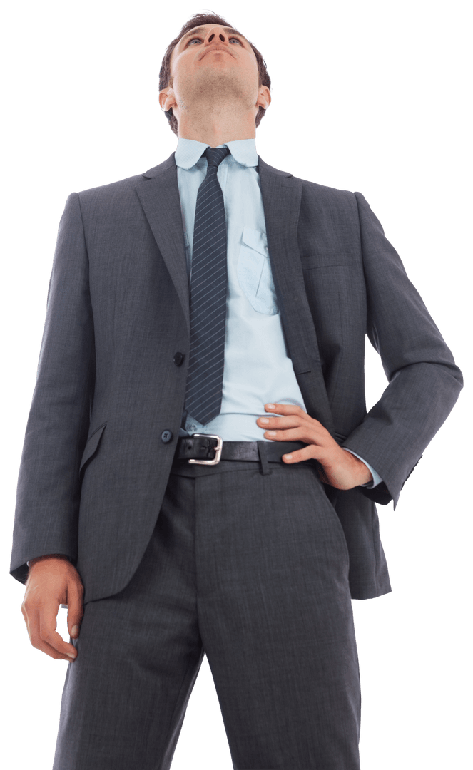 Transparent Confident Businessman Looking Up with Hand on Hip
