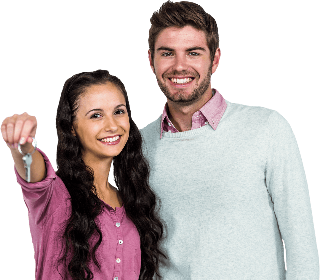 Smiling Couple Holding Keys Celebrating Move on Transparent Background