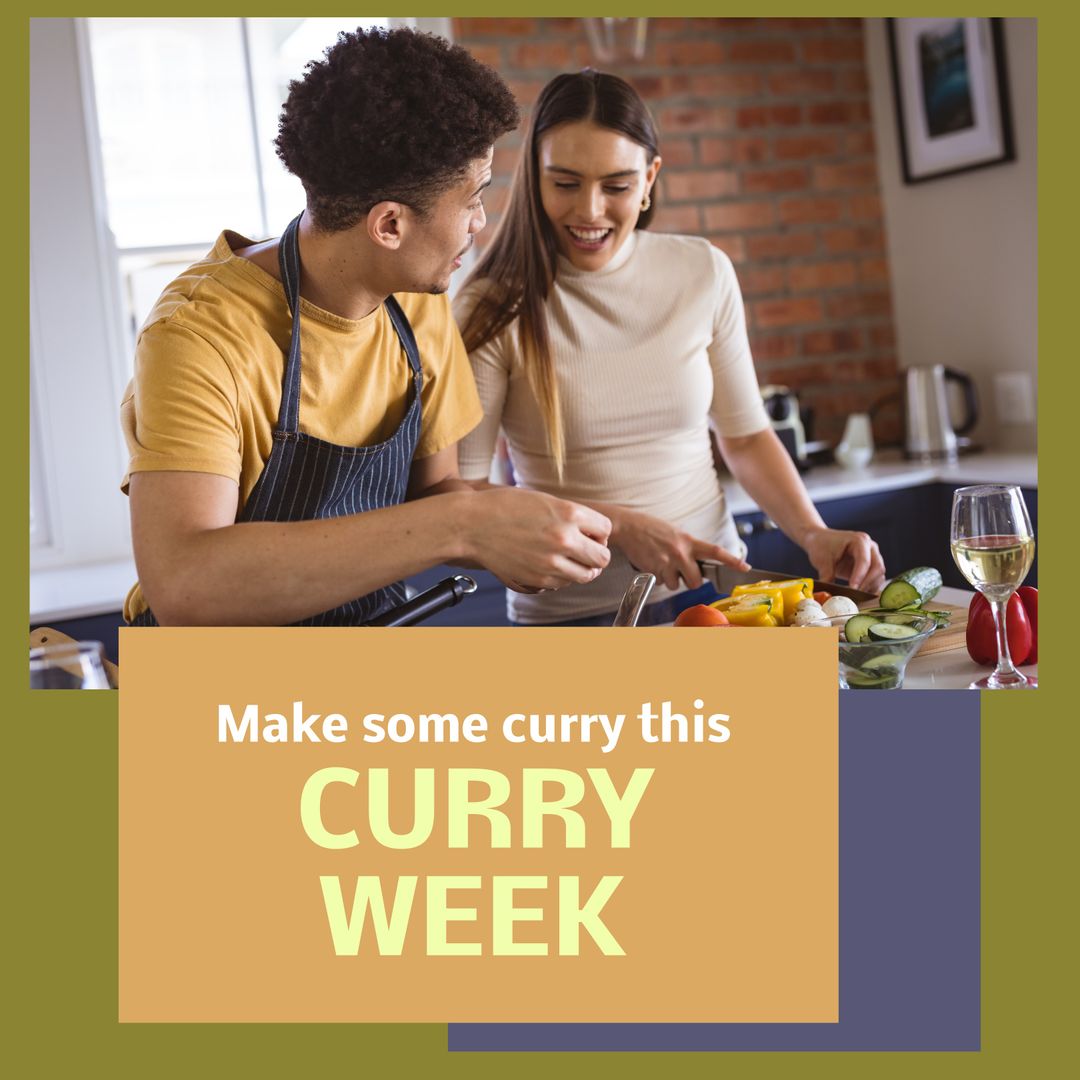 Diverse Couple Laughing While Cooking Curry in Modern Kitchen