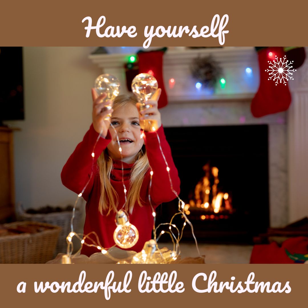 Joyful Girl Holding Christmas Lights by Cozy Fireplace - Download Free Stock Templates Pikwizard.com