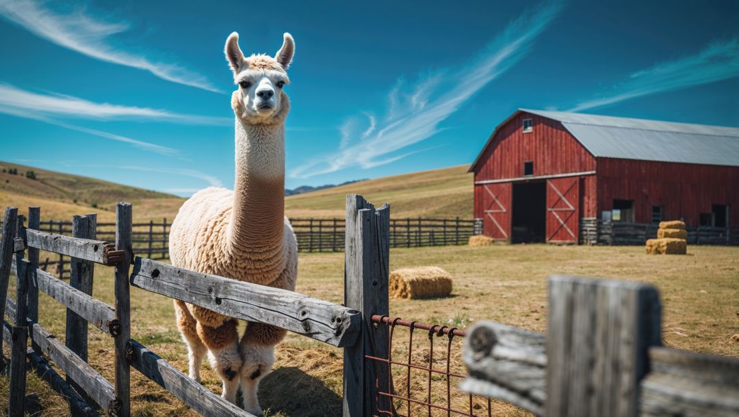 Majestic cream and brown llama in pastoral countryside with rustic red barn