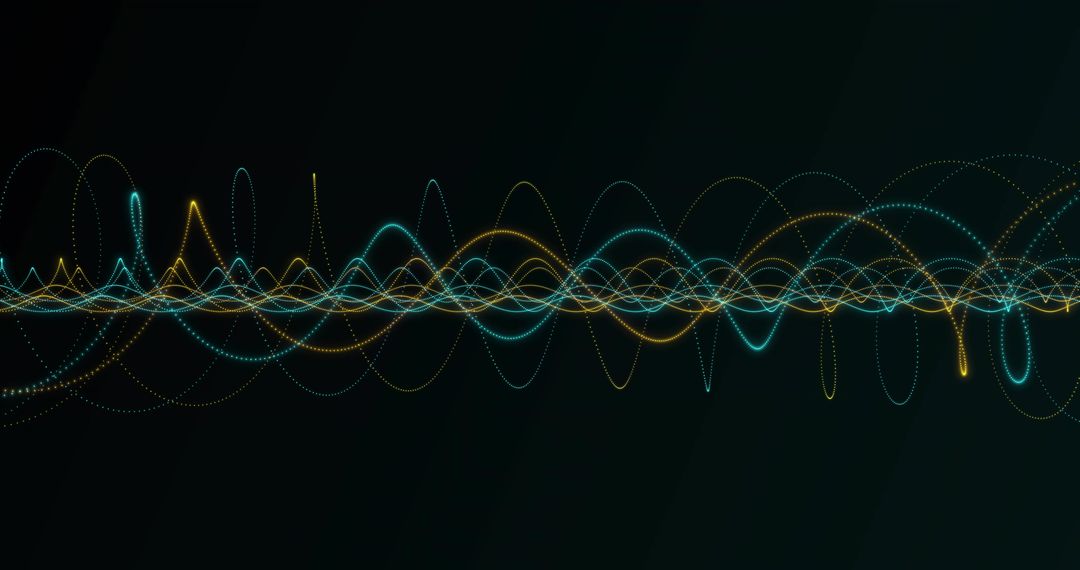 Cyan and Yellow Neon Waveform Moving Across Dark Gradient, Glowing Frequency Trails