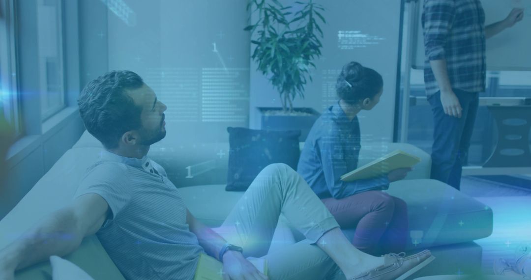 Creative team brainstorming in modern lounge with HUD overlay and relaxed collaboration