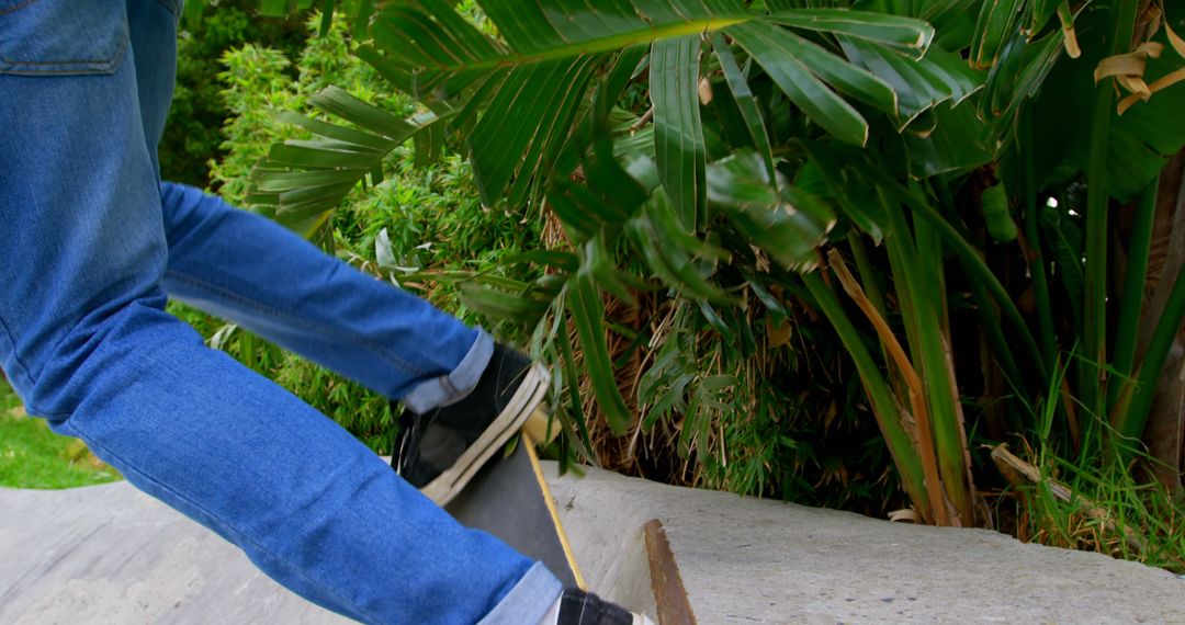 A person in jeans and sneakers is stepping over a broken tree branch on a sidewalk, with copy space - Free Images, Stock Photos and Pictures on Pikwizard.com