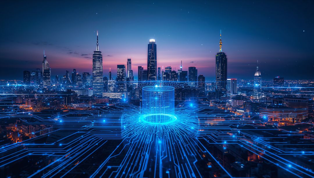 Futuristic Digital Network Interfaces With City Skyline at Dusk