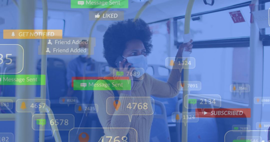 Woman in Bus with Digital Social Media Overlays: Connectivity Concept