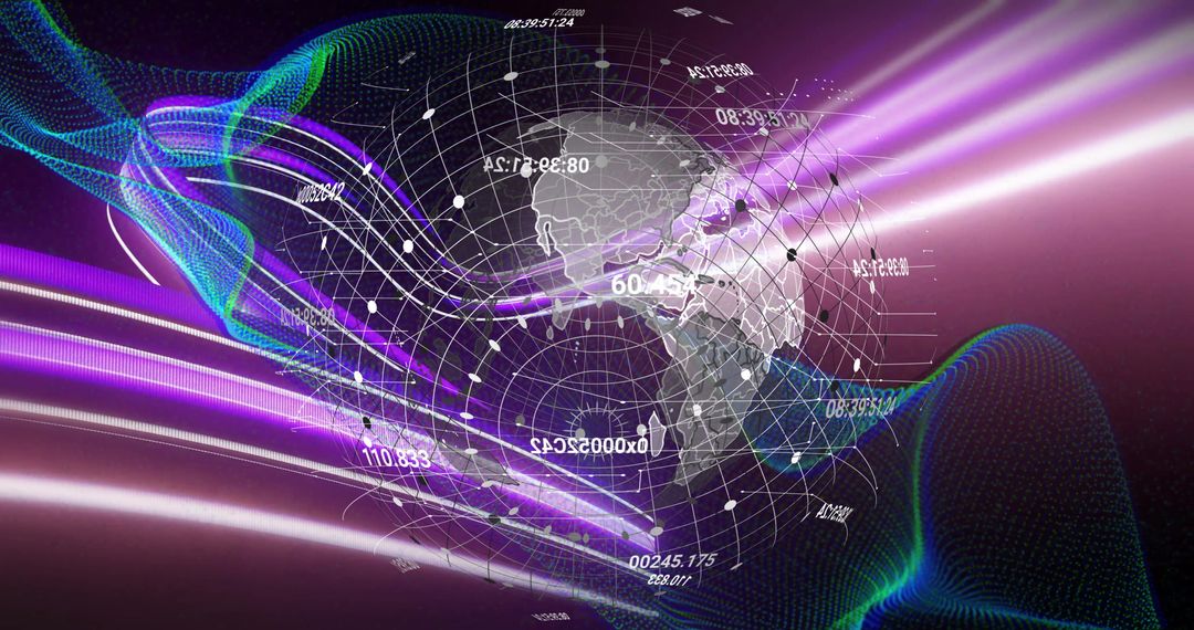 Futuristic 3D Globe with Neon Digital Grid and Waveforms