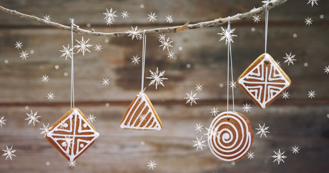 Gingerbread Ornaments Dangling in Snowy Scene