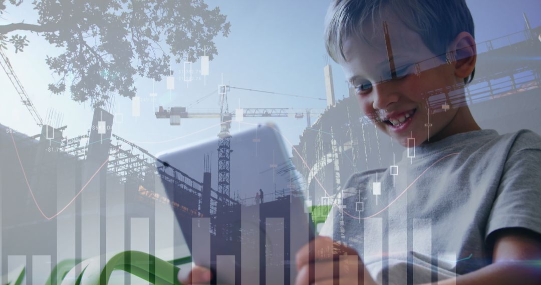 Smiling Boy Interacting with Tablet and Digital Cityscape