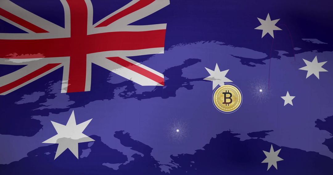 Bitcoin Symbol with Australian Flag on World Map, Cryptocurrency Connection