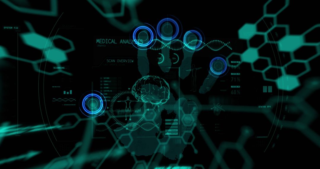 Futuristic Digital Interface with DNA and Data Visuals