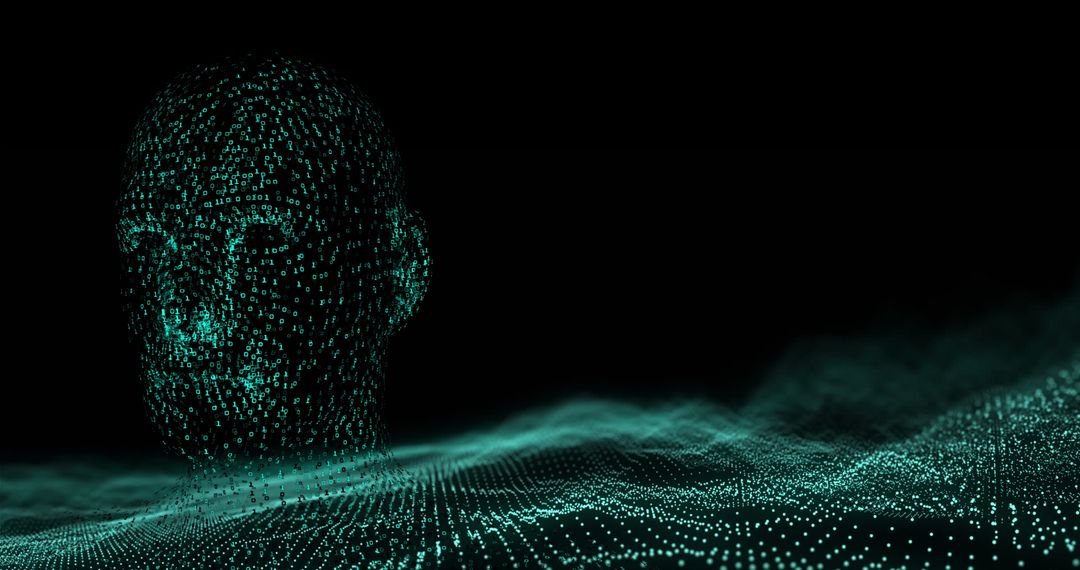 3D Digital Head in Futuristic Data Wave Environment