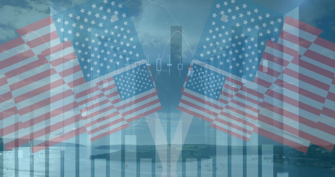 Digital Data Analysis Overlapping US Flags Symbolizing Technology Integration