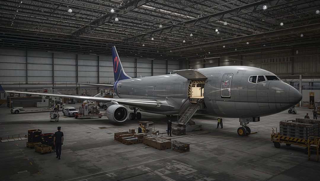 Ground Crew Loading Cargo into Widebody Freighter Inside Expansive Airport Hangar Operation