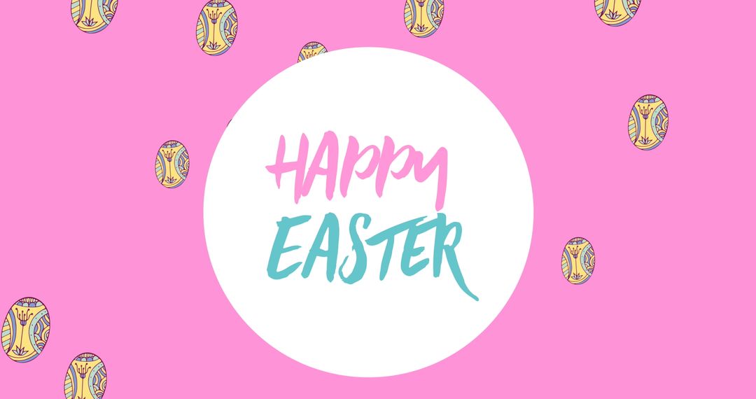 Happy Easter Text with Colorful Eggs on Pink Background
