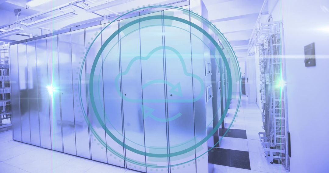 Modern Data Center Corridor with Tech Overlay and LED Glow