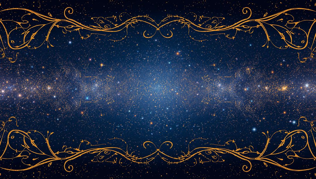 Golden Filigree Border Framing Starfield Galaxy with Indigo Nebula and Sparkling Center