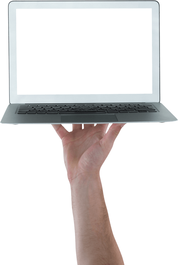 Hand Holding Open Laptop on Transparent Background for Digital Concepts