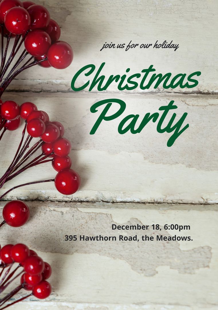 Christmas Party Invitation with Red Berries on Rustic Background