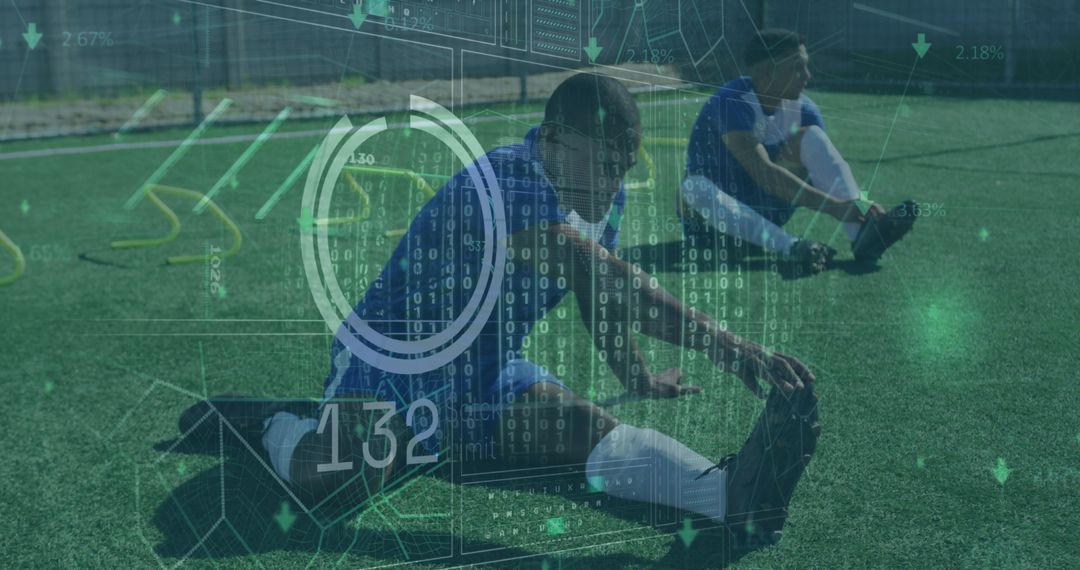 Soccer Athletes Engaging in Pre-game Stretch Routine with Data Overlay