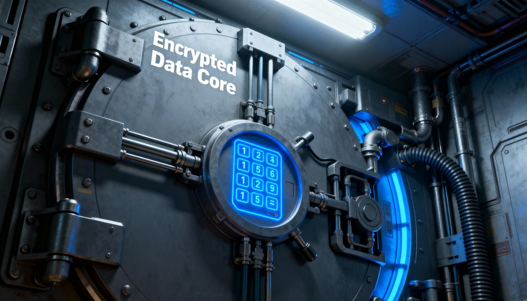 Encrypted Data Core Vault Door Glowing Blue Keypad Protecting High-Security Server Access