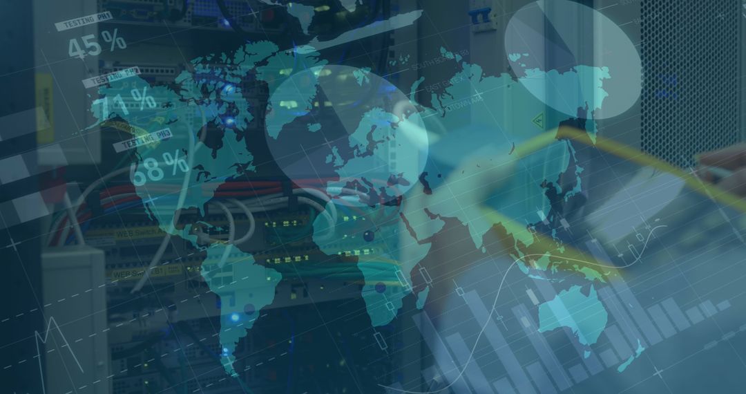 Financial Data Overlaid on World Map in Server Room