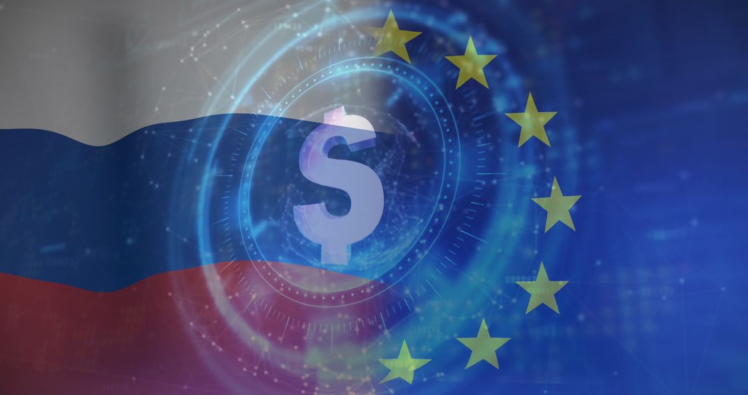 Digital Interface with Dollar Symbol Over EU and Russian Flags