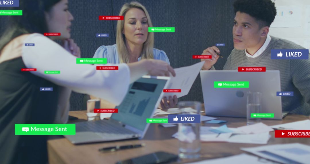 Diverse Team Collaborating with Digital Media Overlays