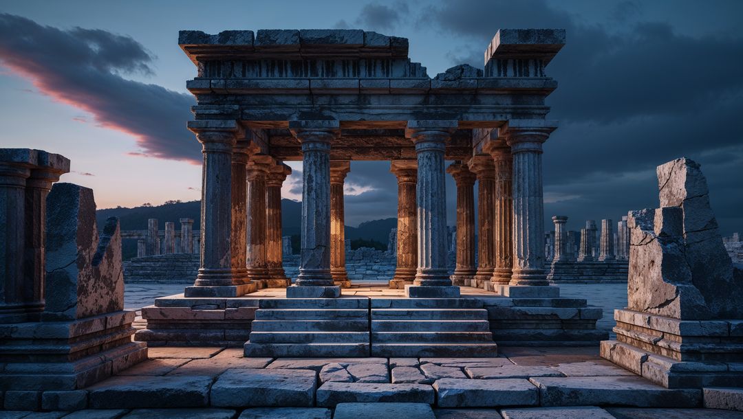 Ancient Portico Ruins with Fluted Columns at Dusk