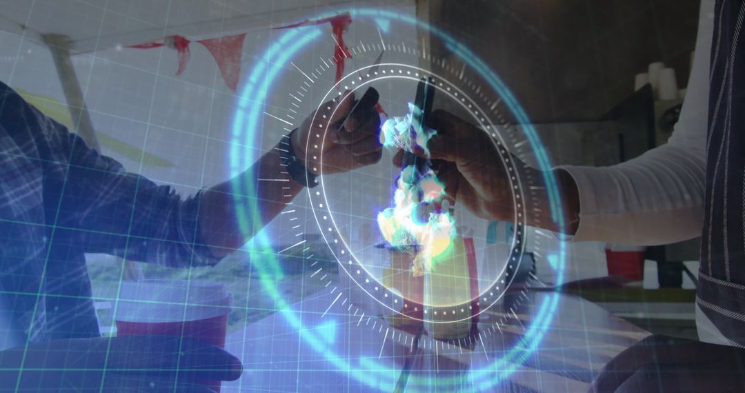 Futuristic Cheers: Friends Clinking Beers with Holographic Flair