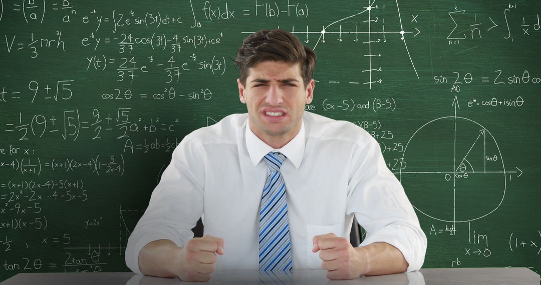 An upset man is seated before a chalkboard filled with dynamic math equations. - Free Images, Stock Photos and Pictures on Pikwizard.com