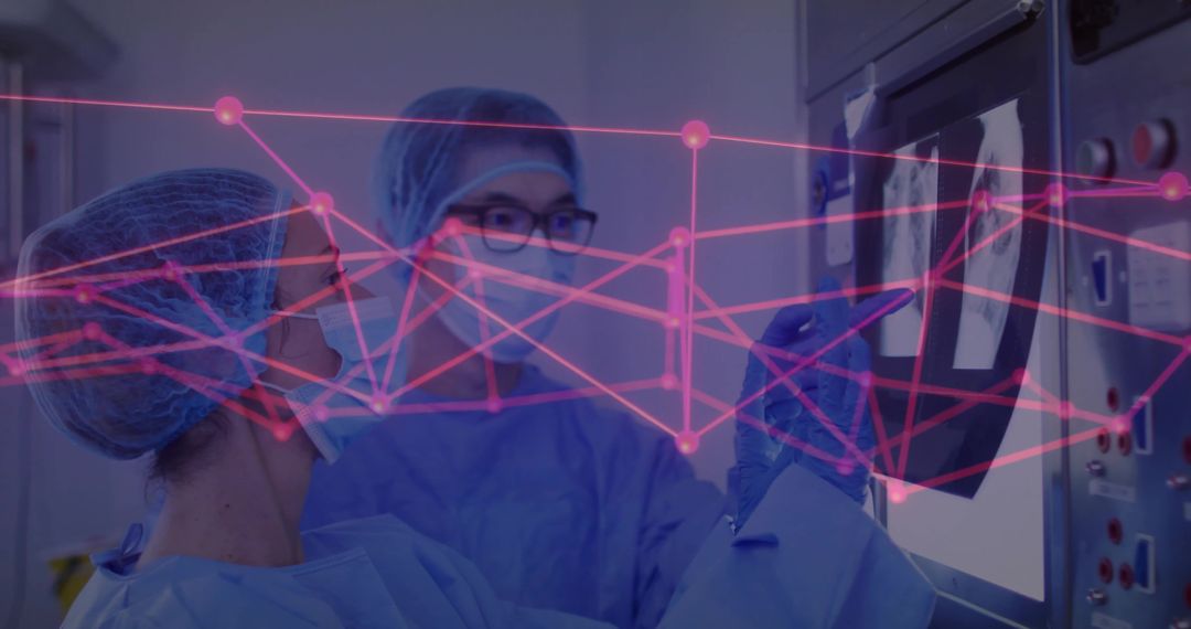 Doctors Analyzing X-Ray with Digital Overlay in Hospital Lab