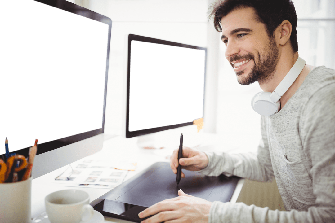 Artist Working with Stylus on Dual Transparent Screens