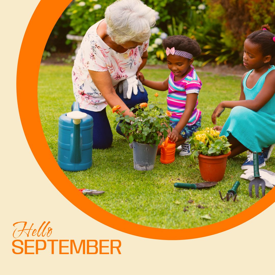 Grandmother and Granddaughters Gardening in September