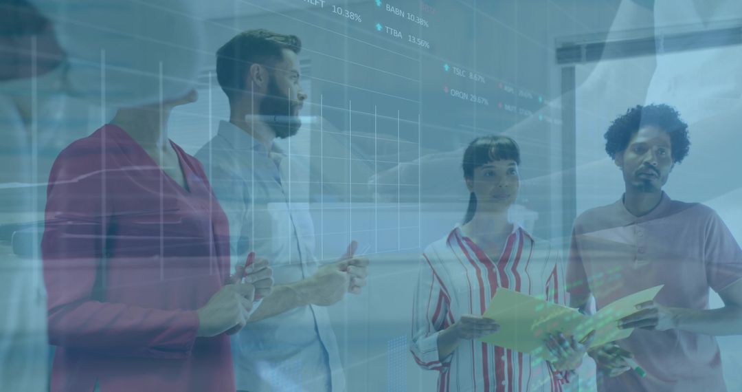Suited Team Analyzing Data Charts on Transparent Board