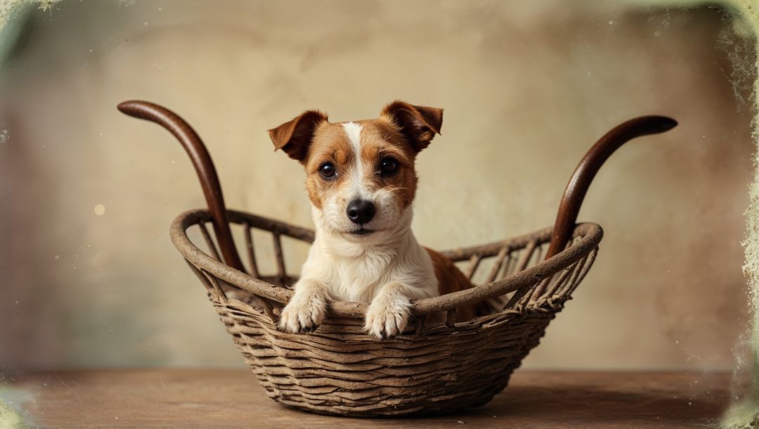 Adorable Terrier Resting in Rustic Wicker Basket