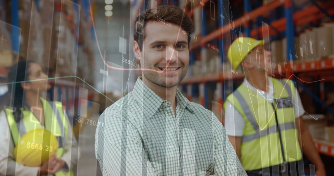 Warehouse Workers with Overlay of Financial Data