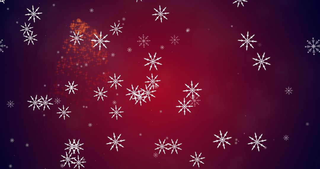 Falling Snowflakes with Christmas Tree Hologram on Red Background