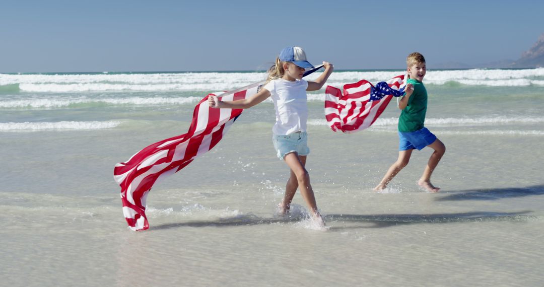 Children Running on Beach with American Flags, Celebrating Patriotic Holiday - Free Images, Stock Photos and Pictures on Pikwizard.com