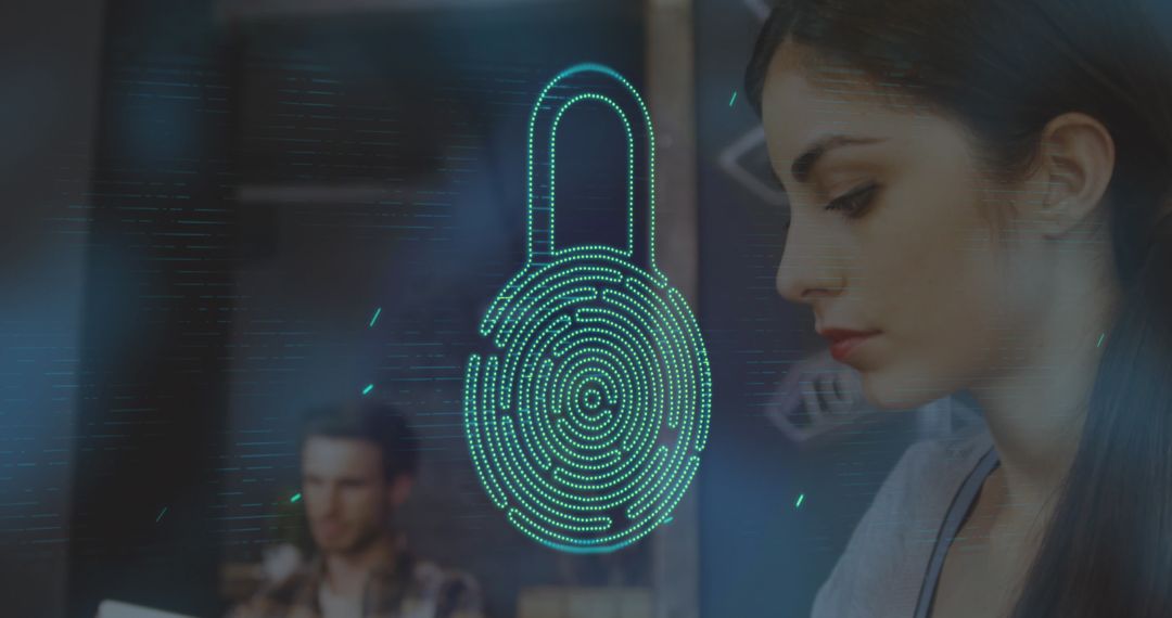 Woman Using Laptop Beneath Digital Security Padlock