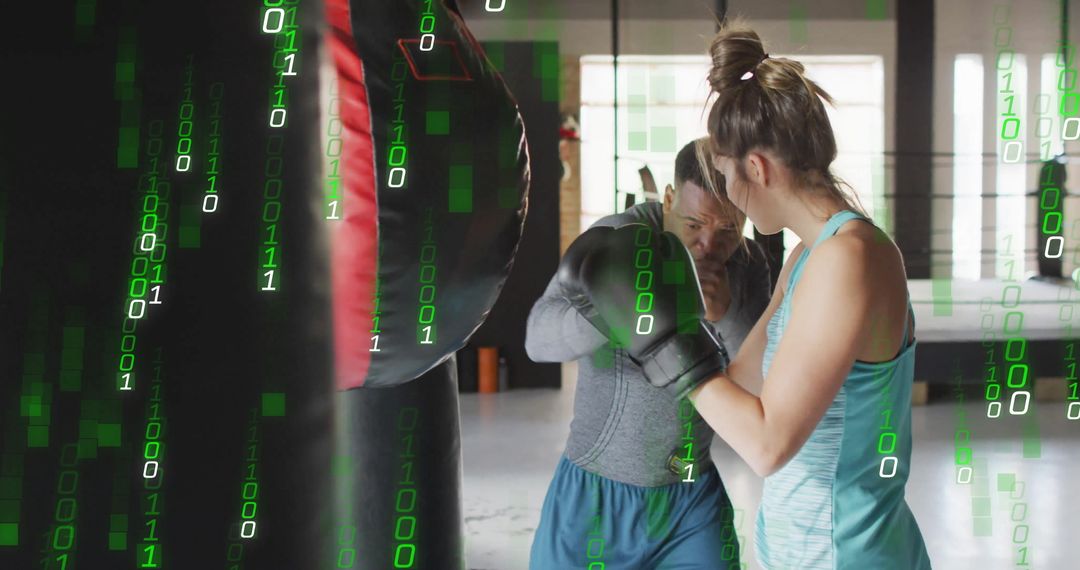 Woman Training Boxing with Coach Amidst Digital Binary Code