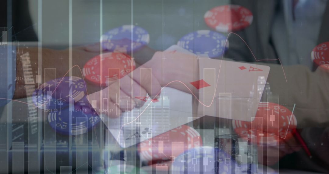 Business Partners Shaking Hands Amidst Financial Data Overlay with Casino Elements