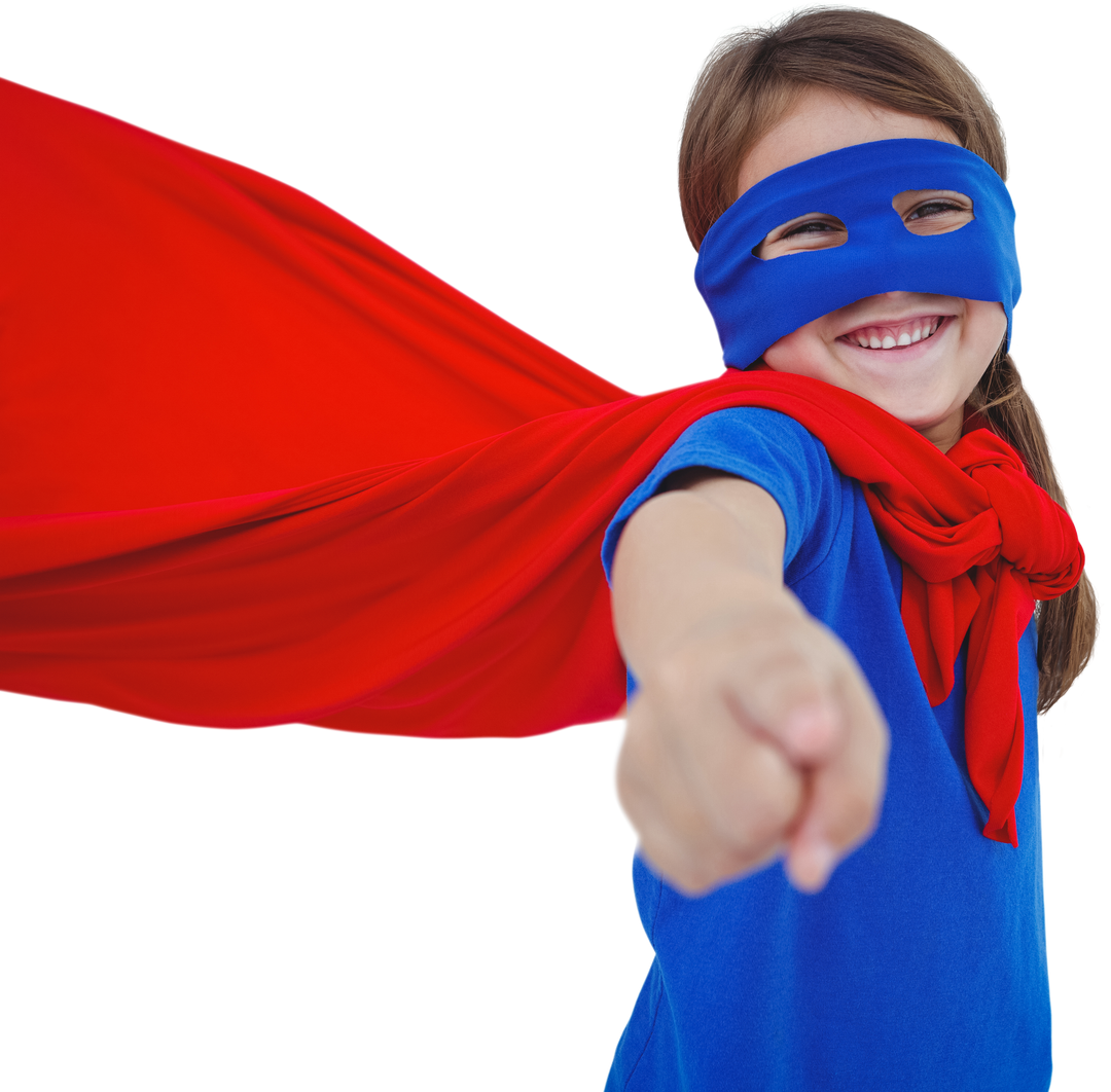 Smiling Girl with Red Cape and Blue Mask Being Transparent Superhero - Download Free Stock Images Pikwizard.com