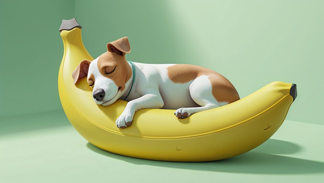 Dog Sleeping on Inflatable Banana Sofa in Minimalist Studio