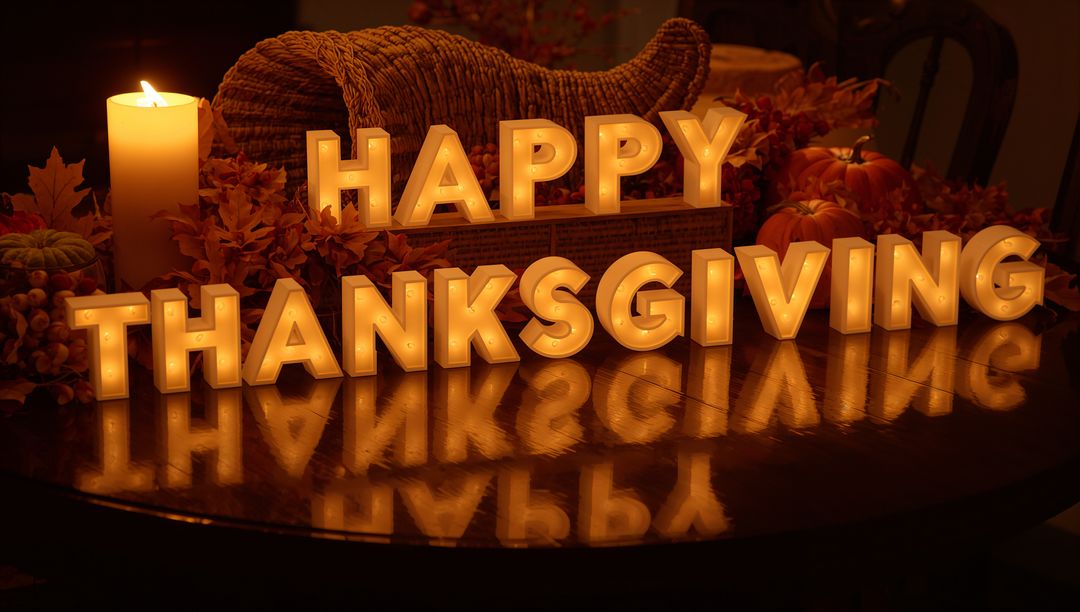 Glowing Happy Thanksgiving Lighted Letters Reflecting on Table with Cornucopia and Candle