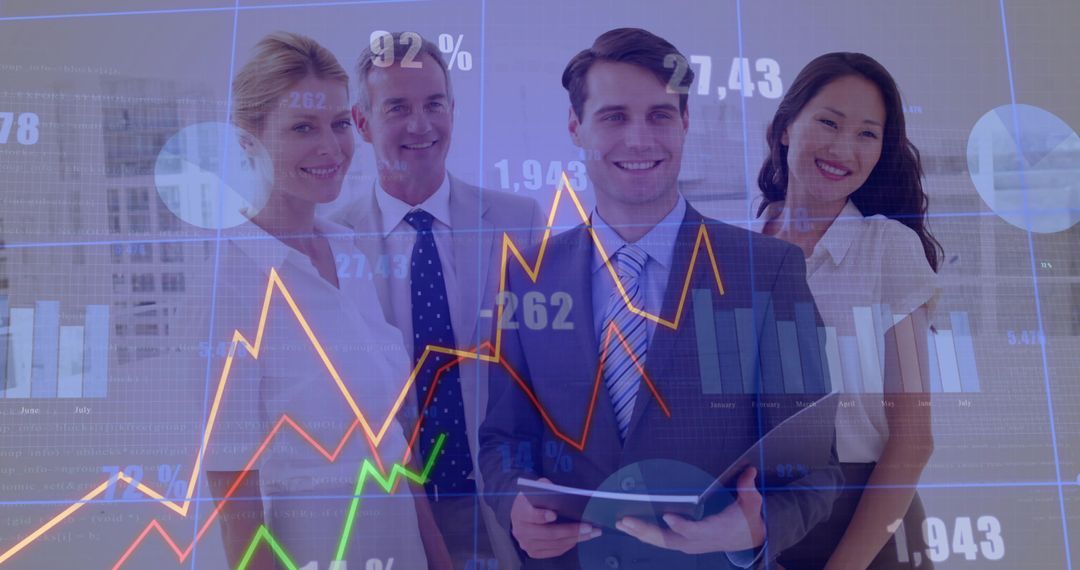 Business team presenting financial analytics with colorful market charts and growth graphs