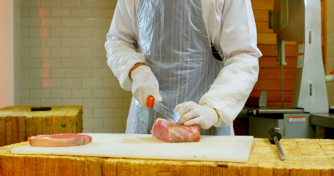 Butcher Cutting Meat with Knife on Wooden Counter - Free Images, Stock Photos and Pictures on Pikwizard.com