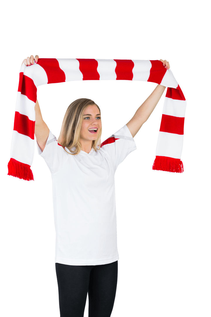 Woman with red and white scarf cheering, isolated transparent background