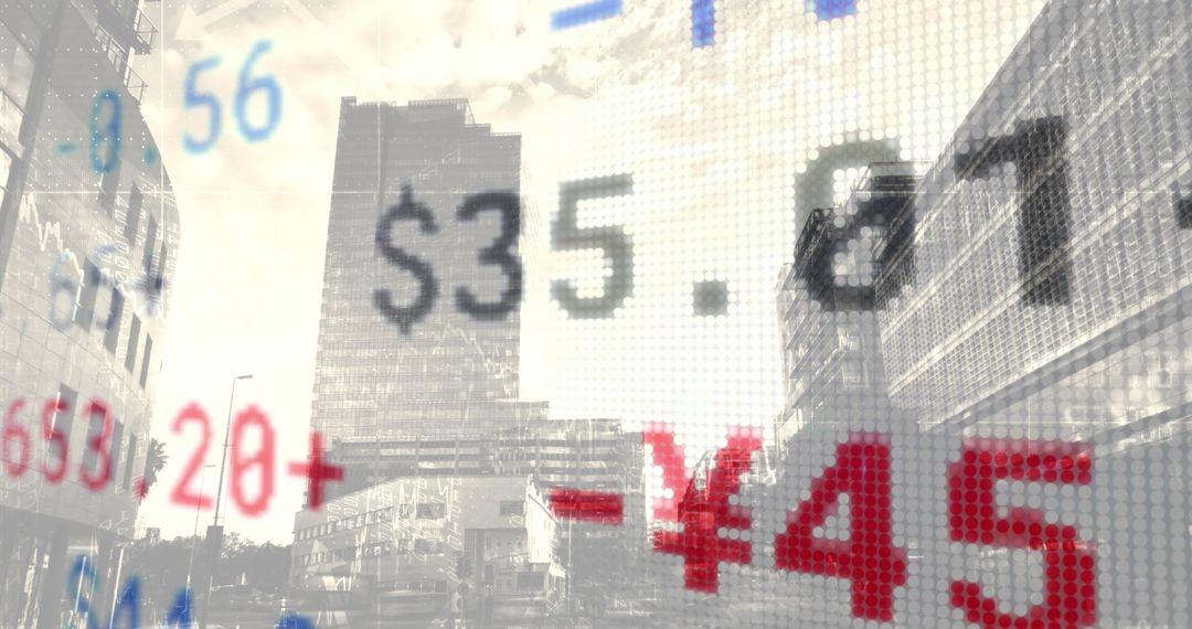 Digital Financial Data Overlay on Urban Skyline Depicting Global Economy