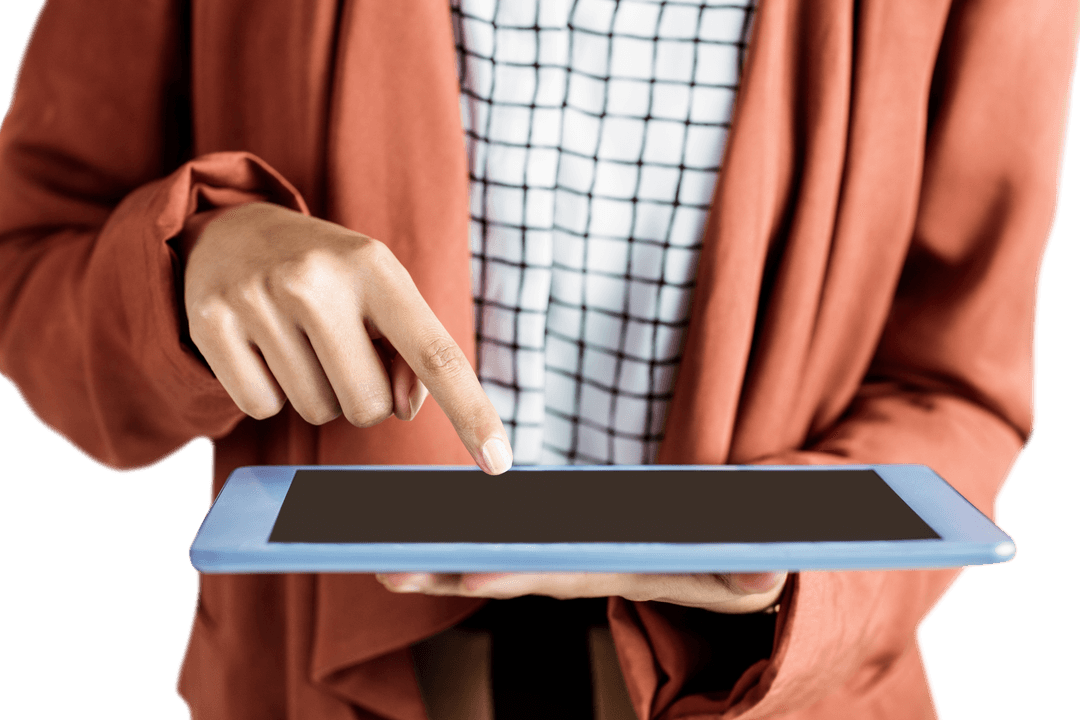 Businesswoman Using Transparent Tablet Isolated on White Background